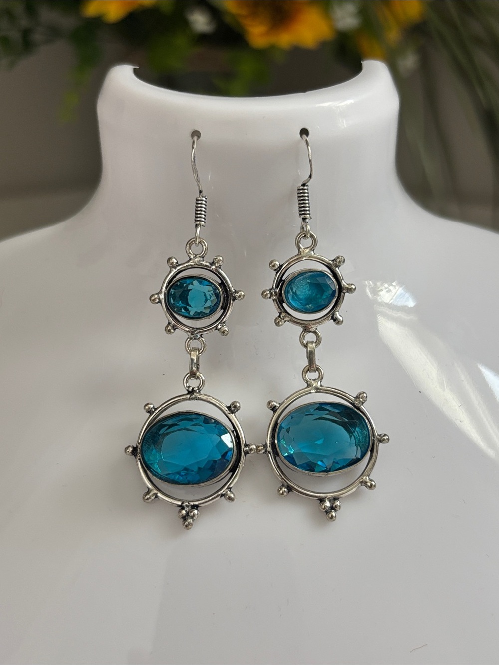 Silver  Blue Topaz Gemstone Crystal Drop Earrings